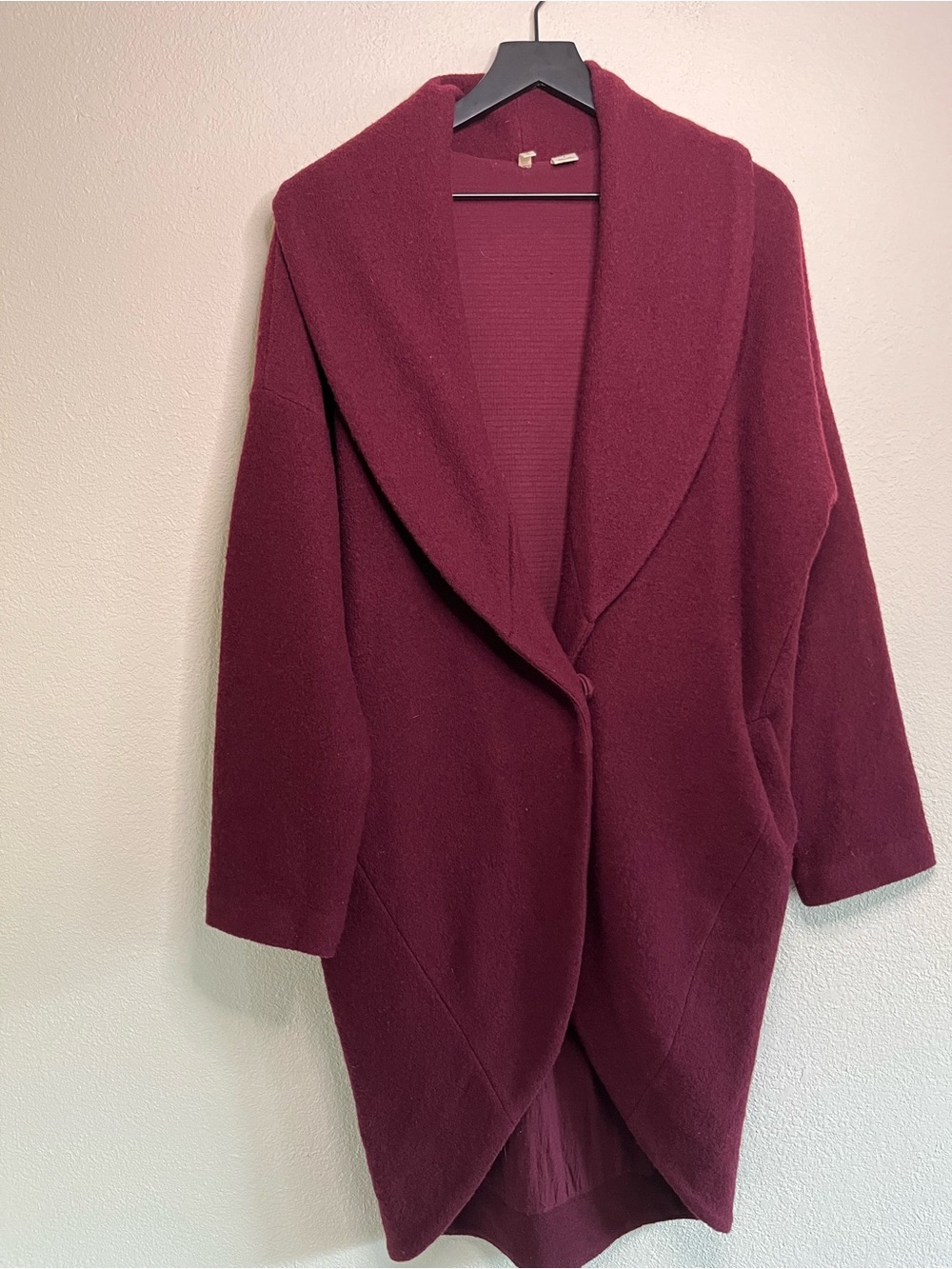 Moth Shawl Collar 100% Wool Open Front Coat- Wine S 23.5”x 43”
